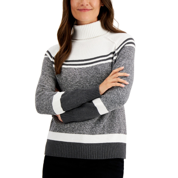 Karen Scott Sweaters - Karen Scott M Petite Grey & White Striped Turtleneck 100% Cotton Sweater NWT